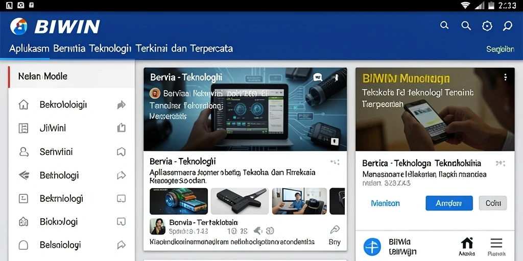 Tampilan antarmuka BIWIN dengan berita teknologi terkini.