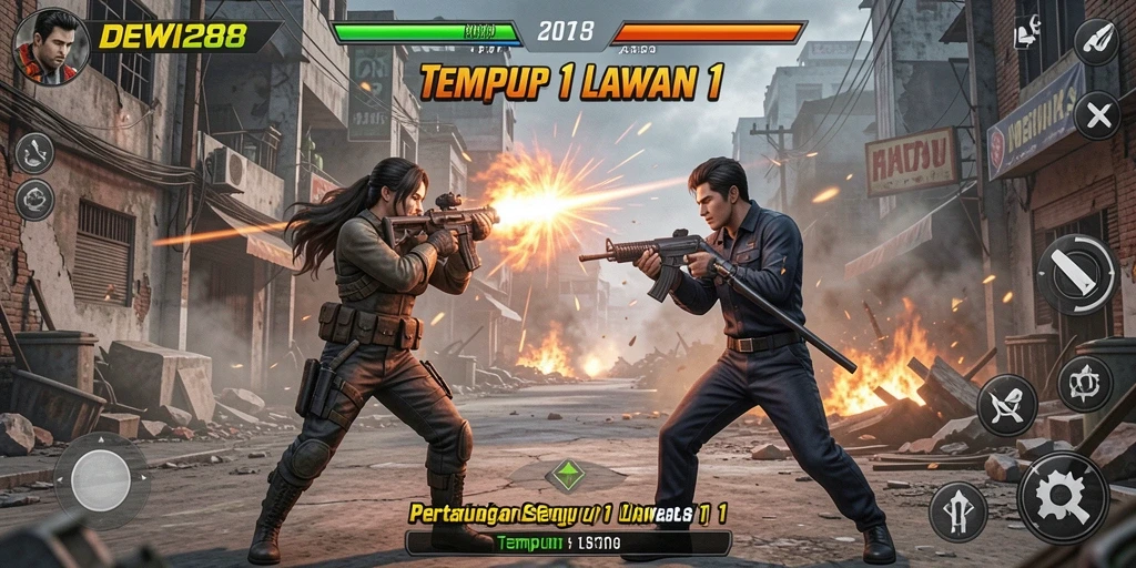 Screenshot antarmuka DEWI288 dalam mode Tempur 1 Lawan 1 yang intens.