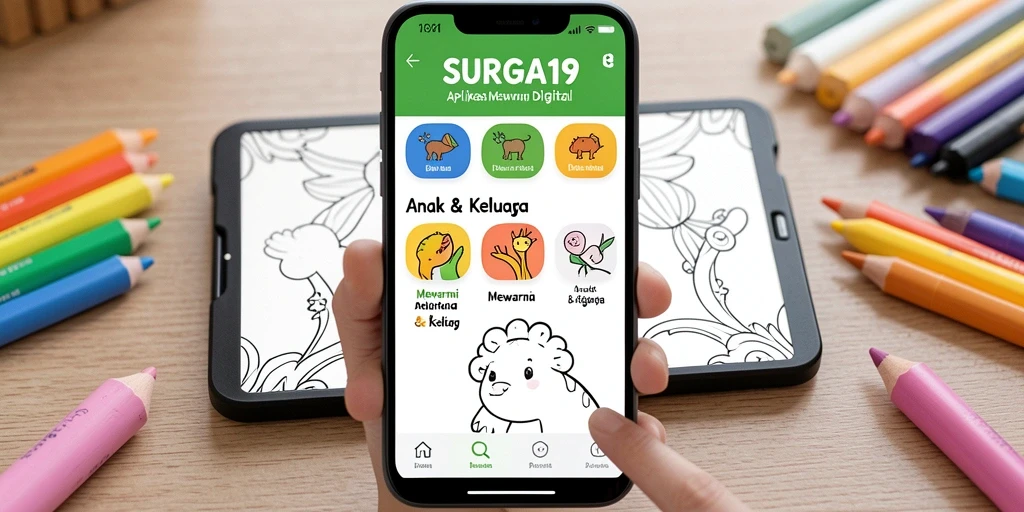 Tampilan antarmuka SURGA19 yang menarik dan ramah anak untuk mewarnai digital.